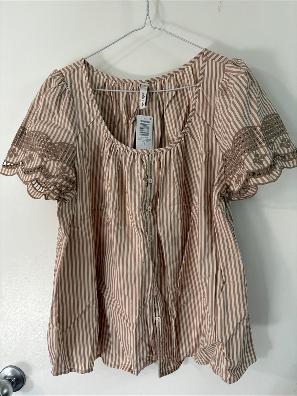 torrid Tan and Cream Striped Eyelet Puff Sleeve Blouse